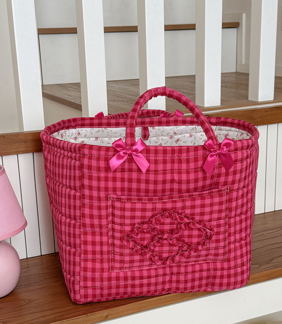 Plaid Quilted Storage Basket Red Organizer Tote