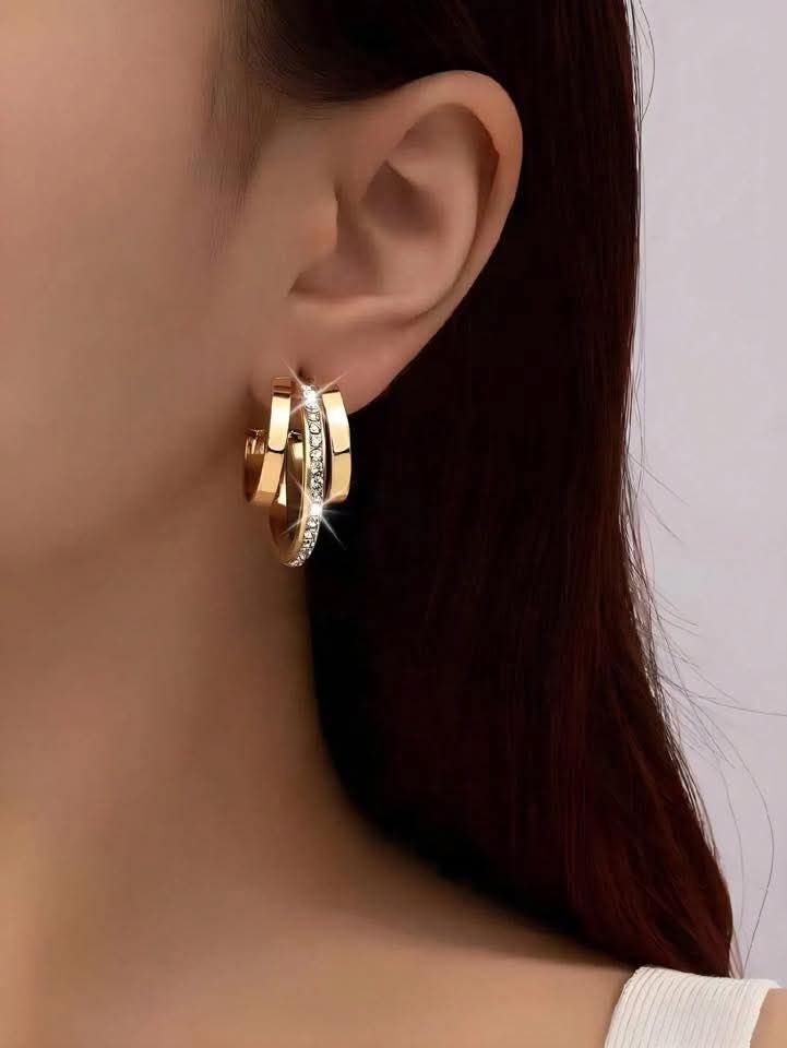 Gold w/ Rhinestone Triple Hoop Earrings
