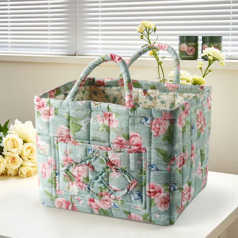 Vintage Floral Quilted Fabric Storage Basket with Handle