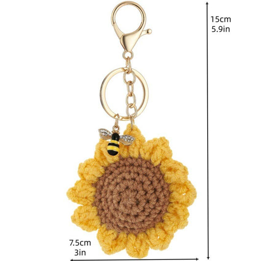 Crocheted Sunflower Little Bee Keychain