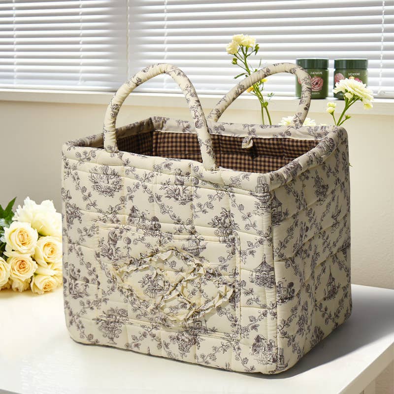 Floral Quilted Storage Basket Boho Fabric Organizer Tote