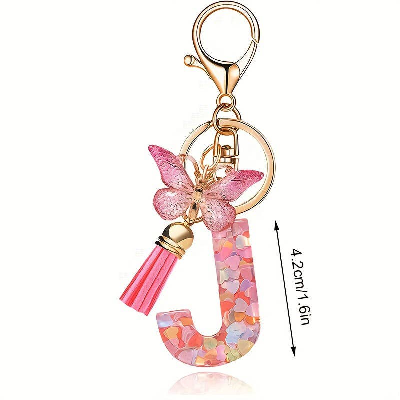 Letter Resin Keychain with Heart Sequins & Butterfly Charm
