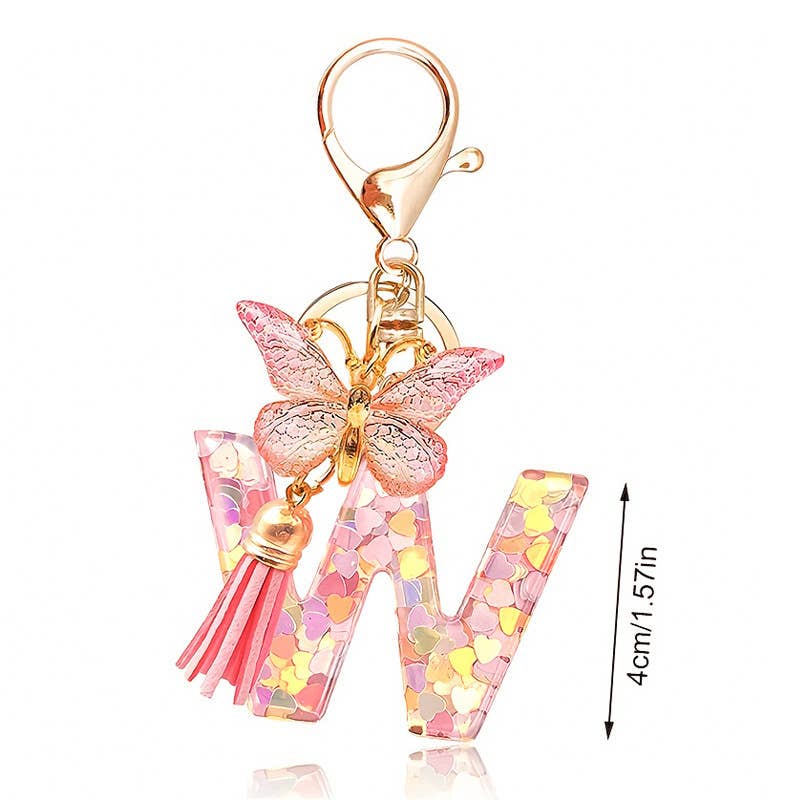 Letter Resin Keychain with Heart Sequins & Butterfly Charm