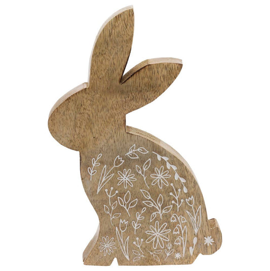 8" Mango Wood Bunny With White Flowers Easter Décor