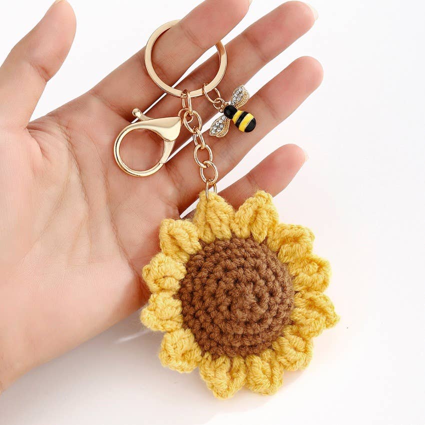 Crocheted Sunflower Little Bee Keychain