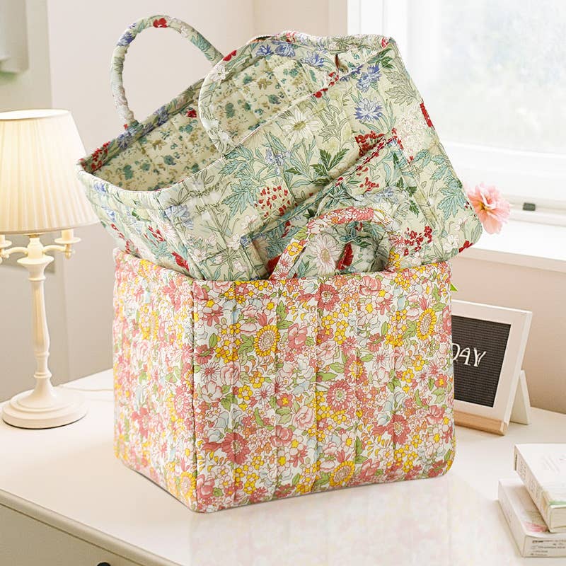 Vintage Floral Quilted Fabric Storage Basket with Handle