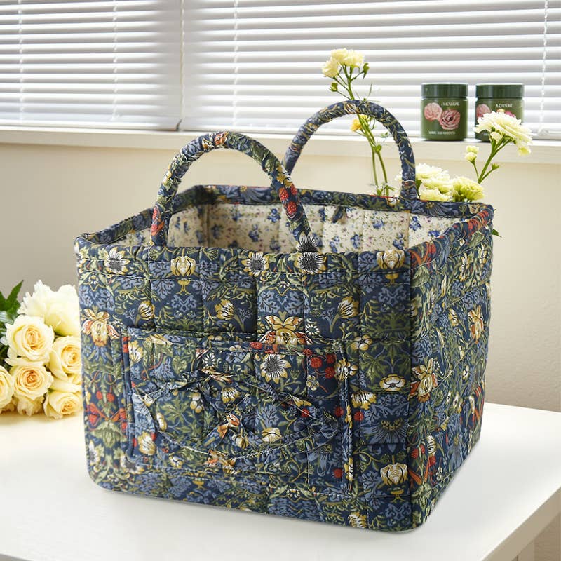 Vintage Floral Quilted Fabric Storage Basket with Handle