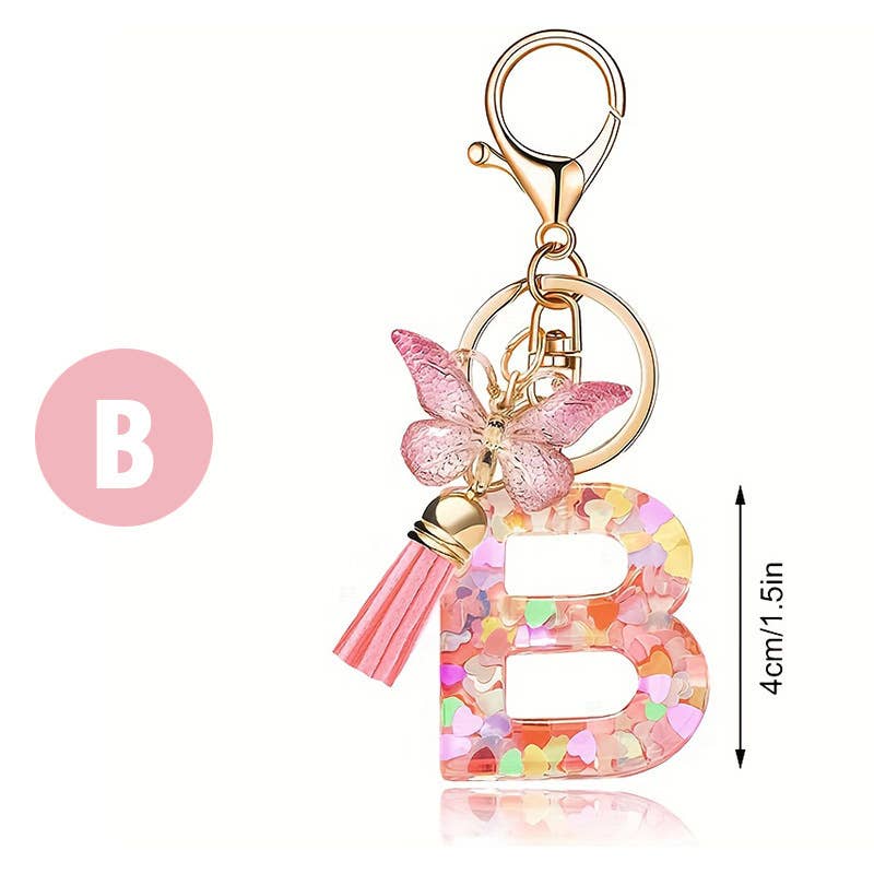 Letter Resin Keychain with Heart Sequins & Butterfly Charm