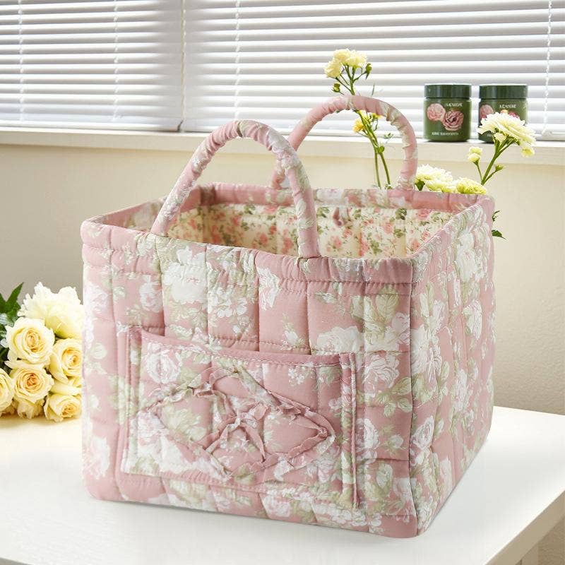 Floral Quilted Storage Basket Boho Fabric Organizer Tote