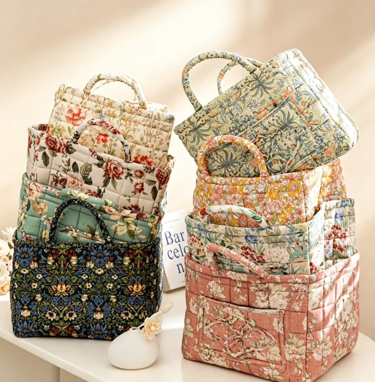 Floral Quilted Storage Basket Boho Fabric Organizer Tote