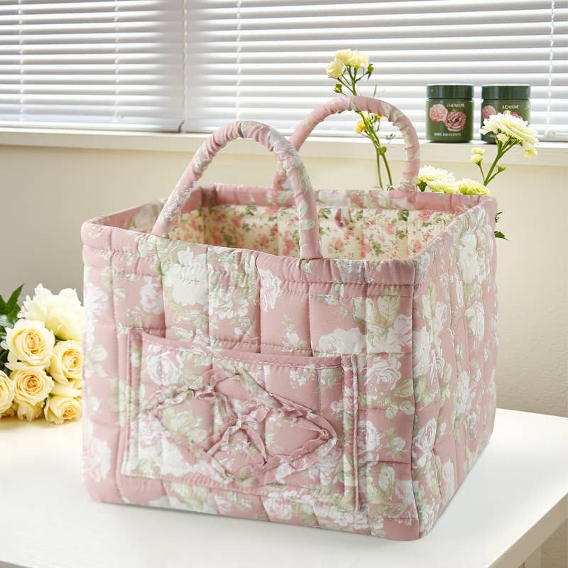 Vintage Floral Quilted Fabric Storage Basket with Handle
