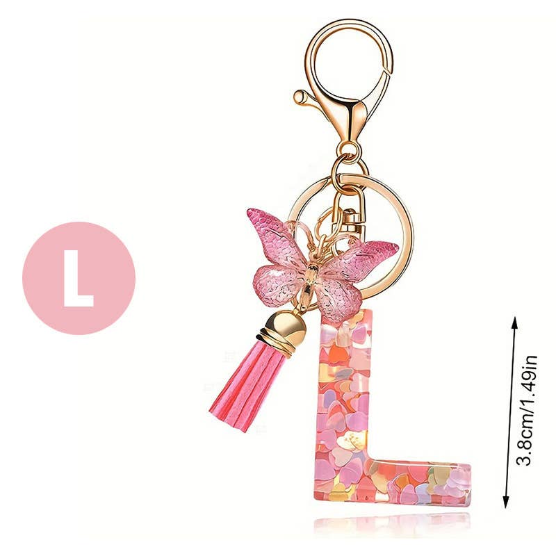 Letter Resin Keychain with Heart Sequins & Butterfly Charm