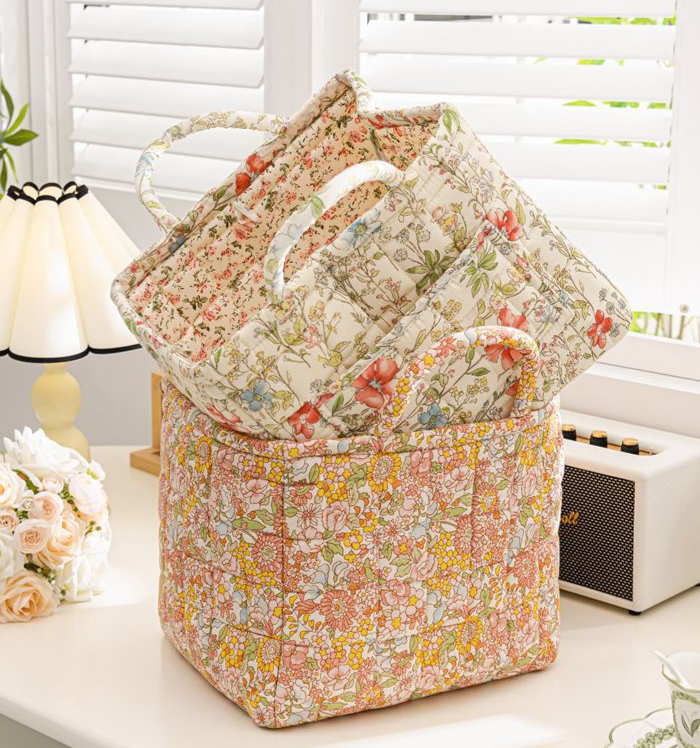 Floral Quilted Storage Basket Boho Fabric Organizer Tote