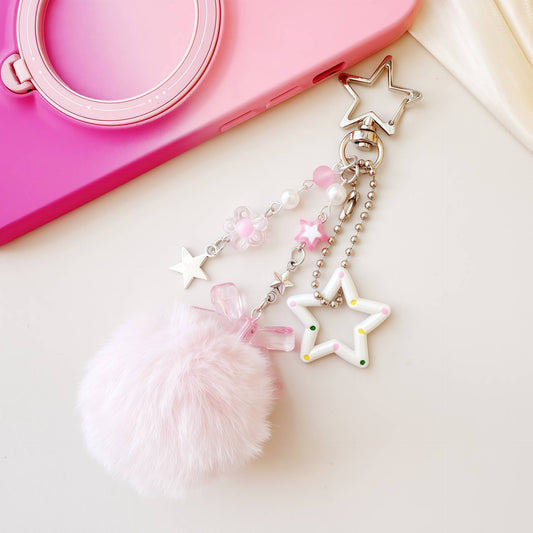 Fluffy Pom‑pom Star Beaded Keychain Bag Charm Pendant