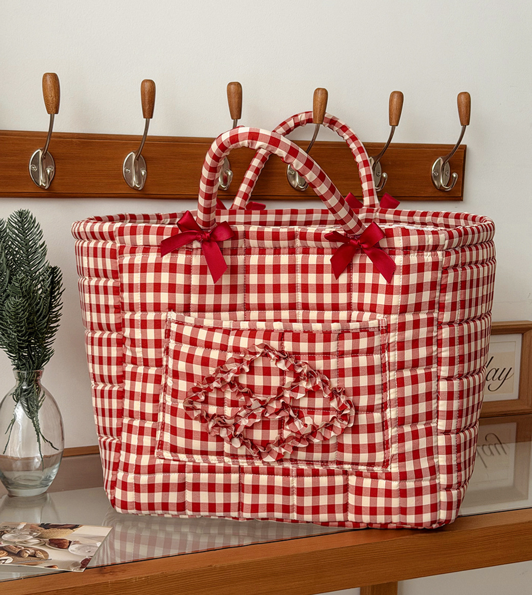 Plaid Quilted Storage Basket Red Organizer Tote