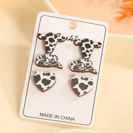 3 pair cow print earring post