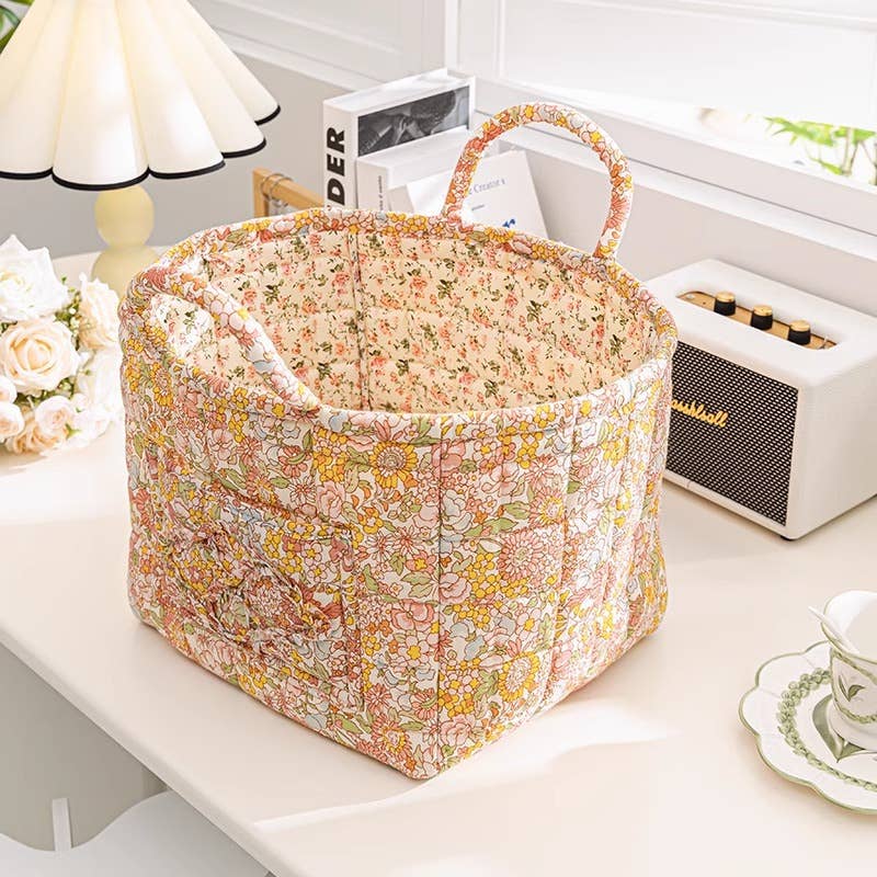 Floral Quilted Storage Basket Boho Fabric Organizer Tote