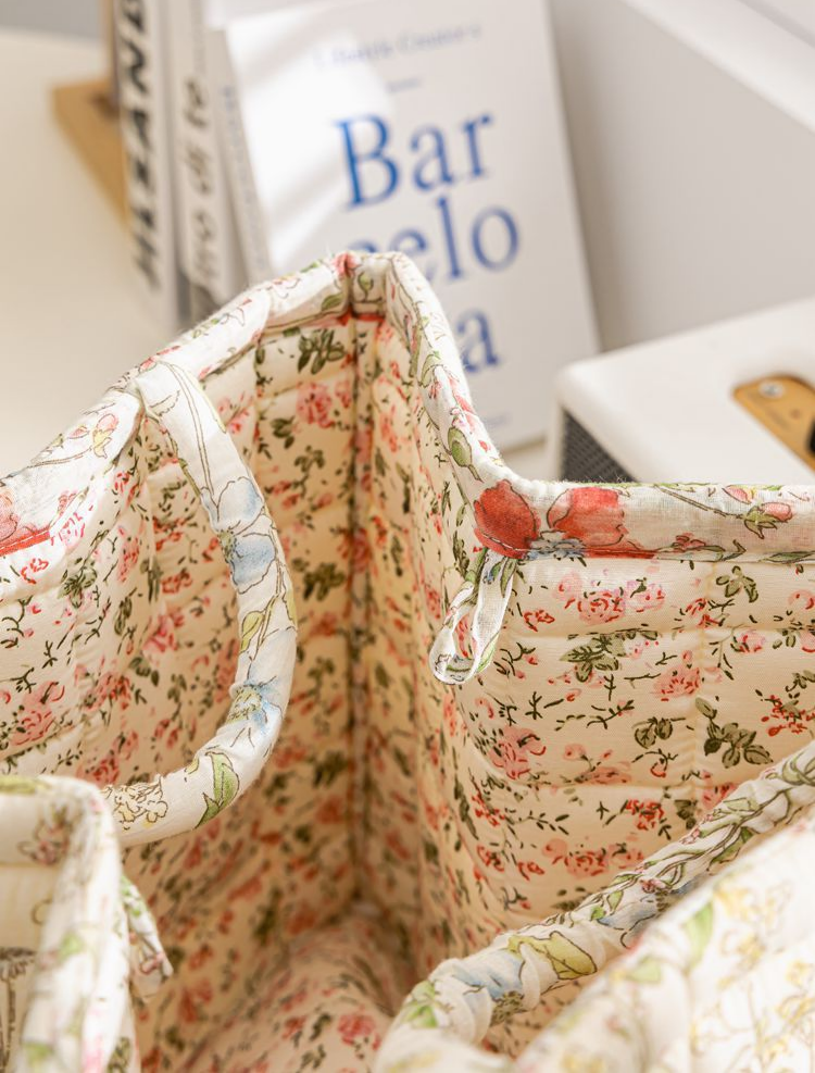 Floral Quilted Storage Basket Boho Fabric Organizer Tote