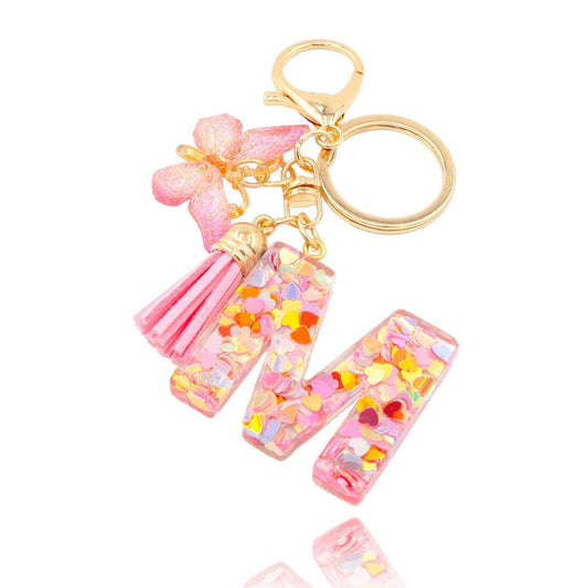Letter Resin Keychain with Heart Sequins & Butterfly Charm