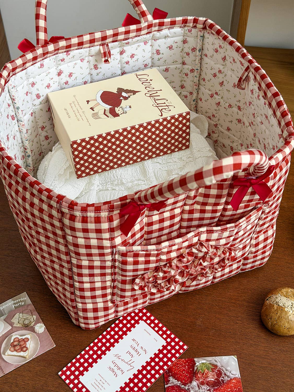 Plaid Quilted Storage Basket Red Organizer Tote