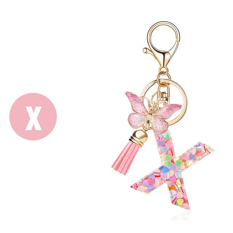Letter Resin Keychain with Heart Sequins & Butterfly Charm