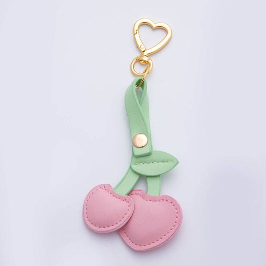 Cherry Fruit Leather Bag Charm Keychain Heart Key Ring