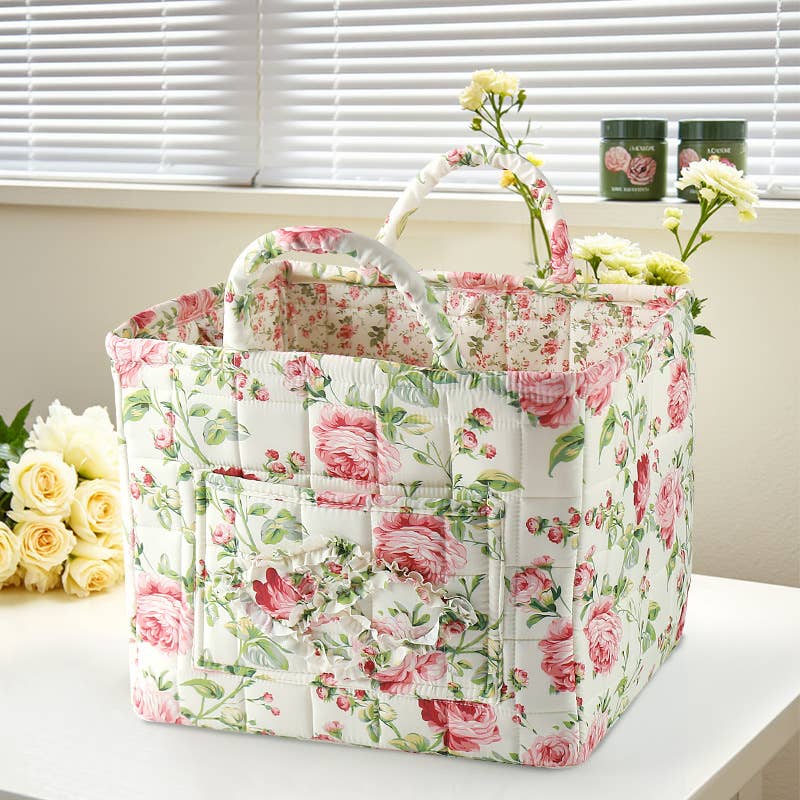 Vintage Floral Quilted Fabric Storage Basket with Handle
