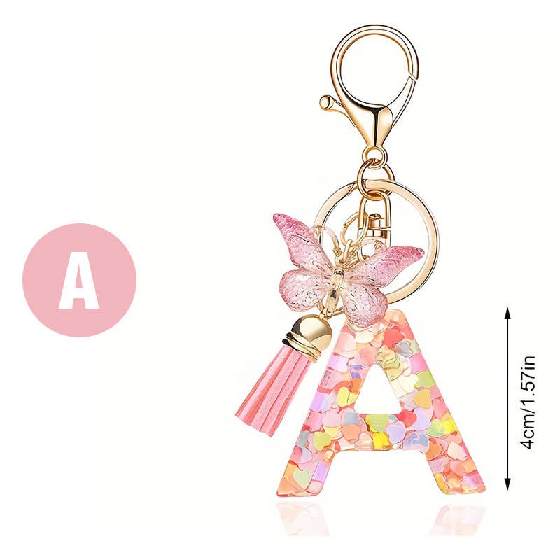 Letter Resin Keychain with Heart Sequins & Butterfly Charm