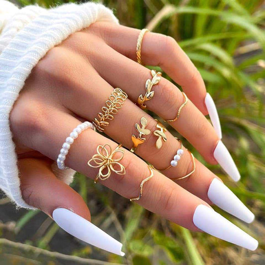 10pc Gold and Pearl Ring Set