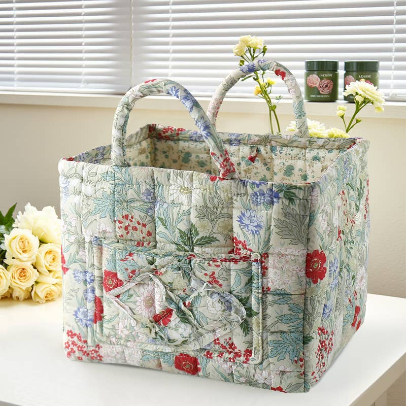 Vintage Floral Quilted Fabric Storage Basket with Handle
