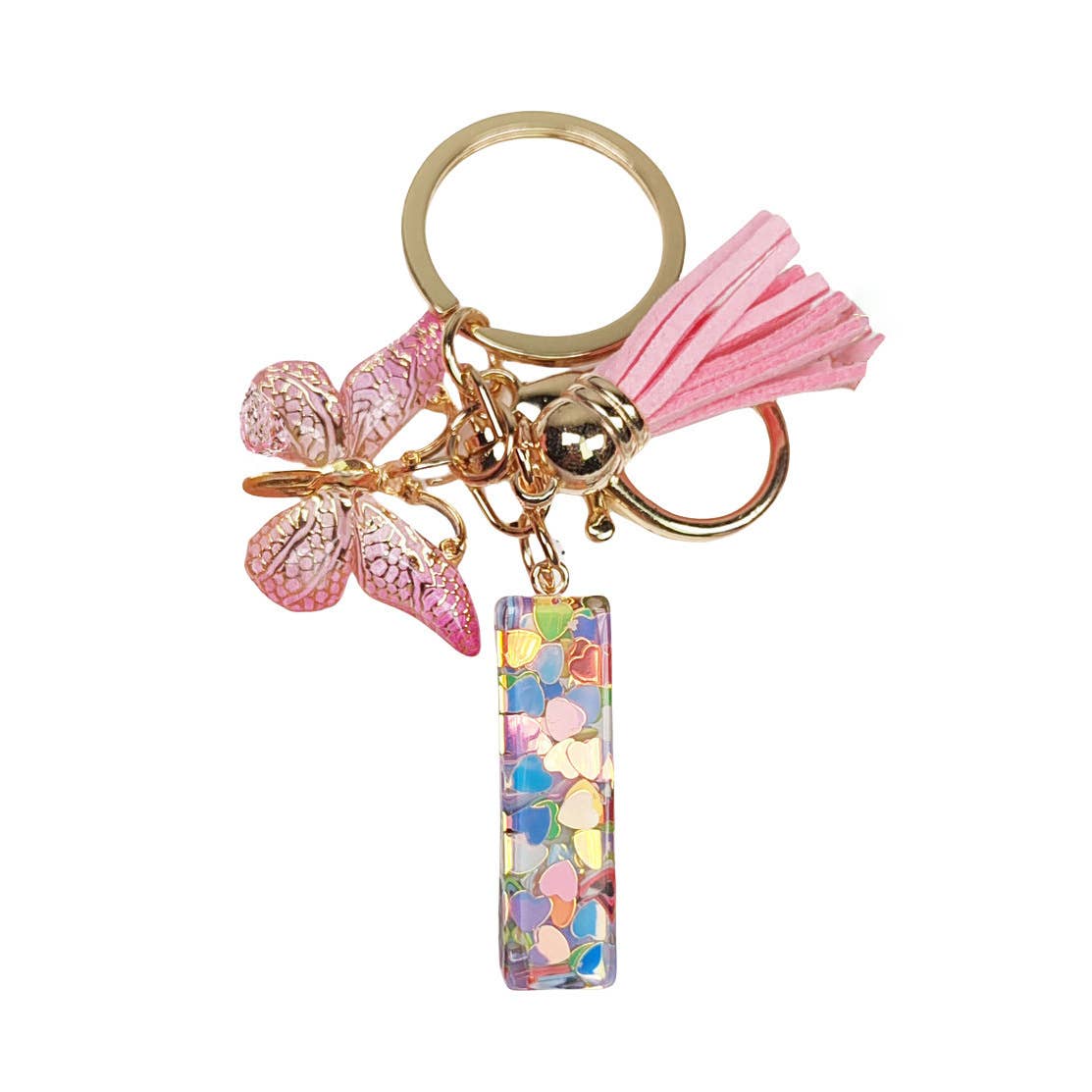 Letter Resin Keychain with Heart Sequins & Butterfly Charm