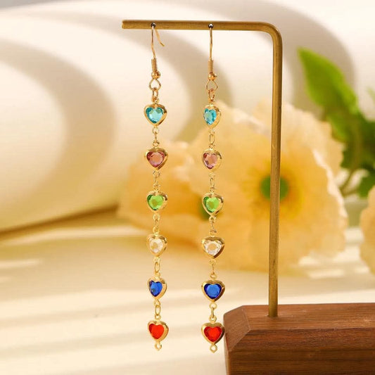6 Stone Heart Dangle Earrings