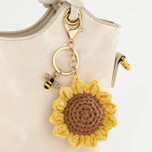 Crocheted Sunflower Little Bee Keychain