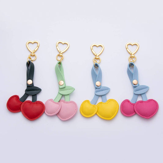 Cherry Fruit Leather Bag Charm Keychain Heart Key Ring