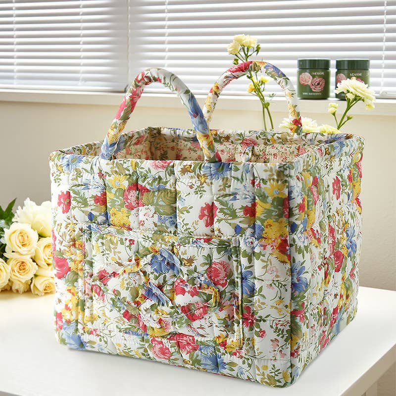Floral Quilted Storage Basket Boho Fabric Organizer Tote