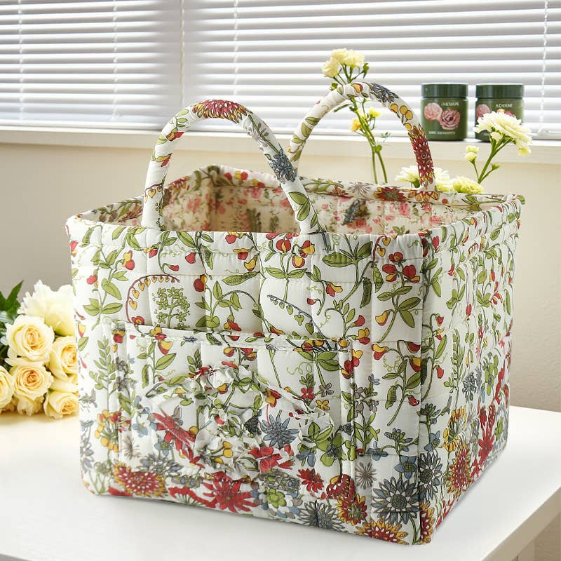 Vintage Floral Quilted Fabric Storage Basket with Handle