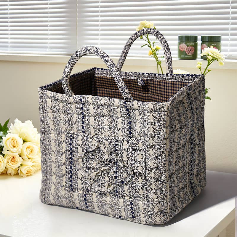 Floral Quilted Storage Basket Boho Fabric Organizer Tote