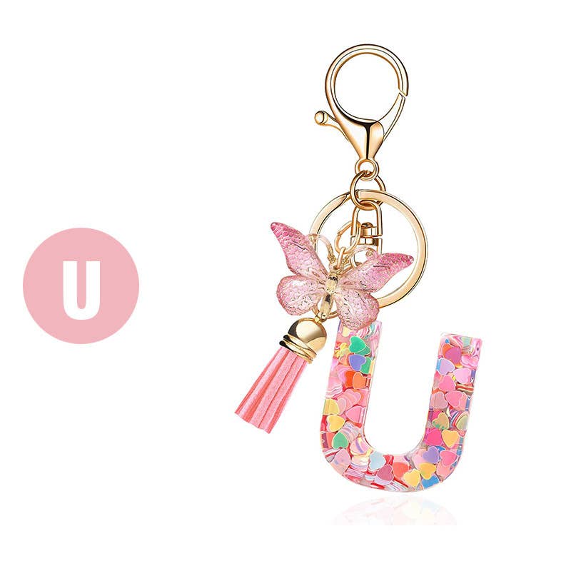 Letter Resin Keychain with Heart Sequins & Butterfly Charm