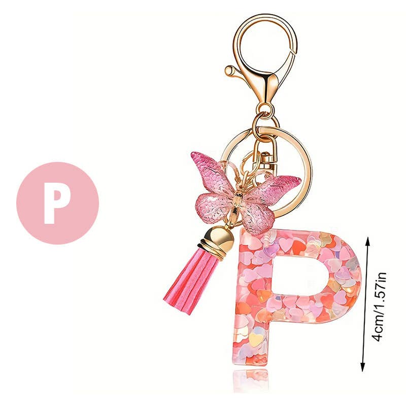 Letter Resin Keychain with Heart Sequins & Butterfly Charm