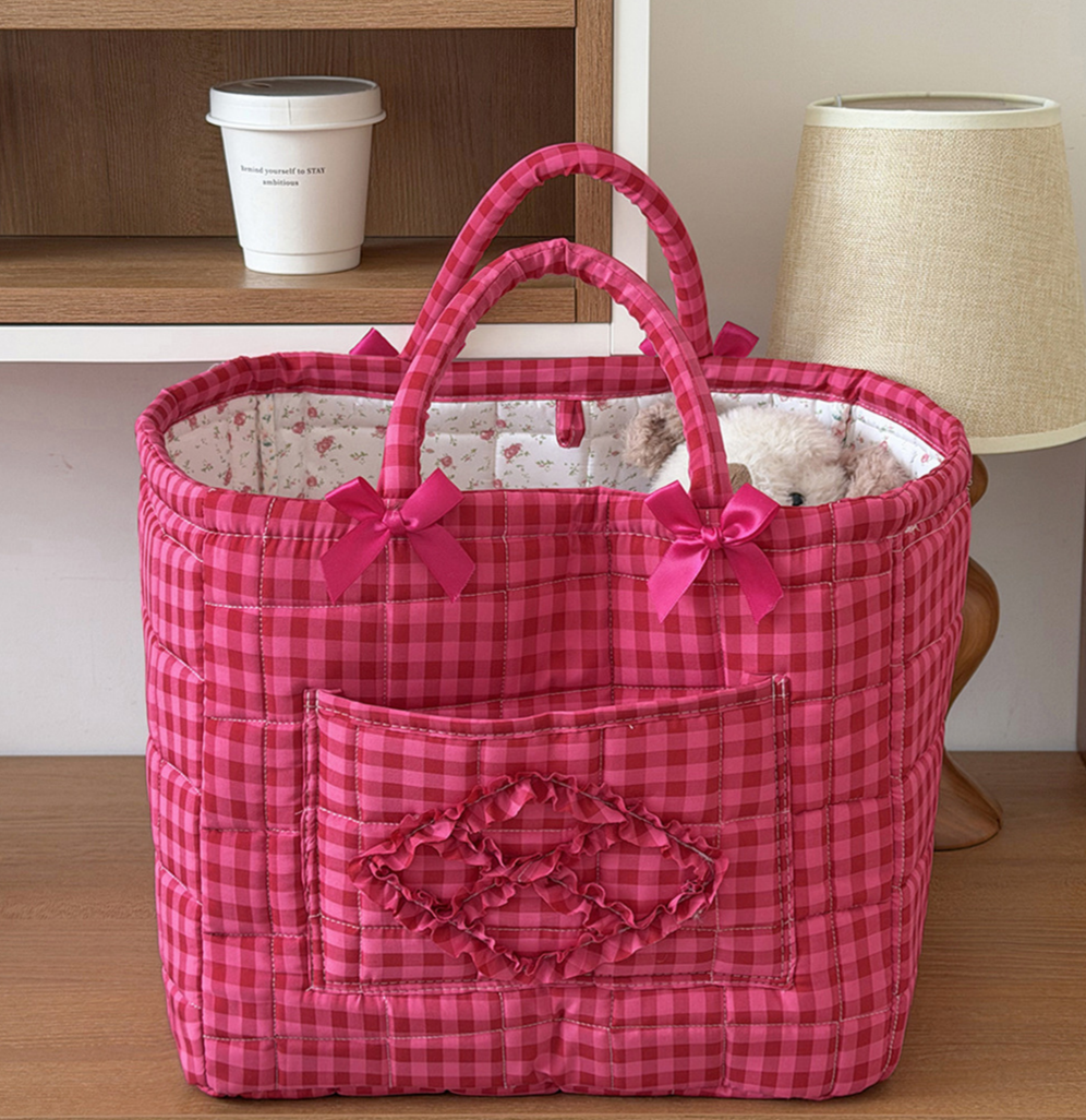 Plaid Quilted Storage Basket Red Organizer Tote