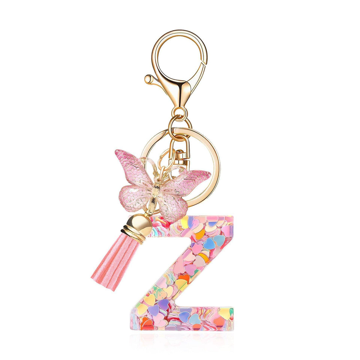 Letter Resin Keychain with Heart Sequins & Butterfly Charm
