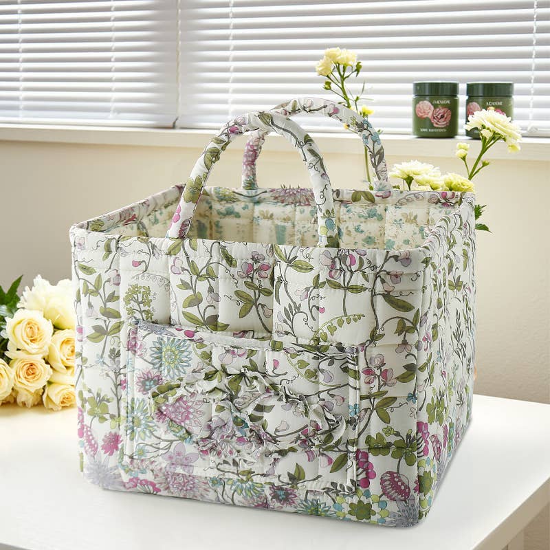 Floral Quilted Storage Basket Boho Fabric Organizer Tote