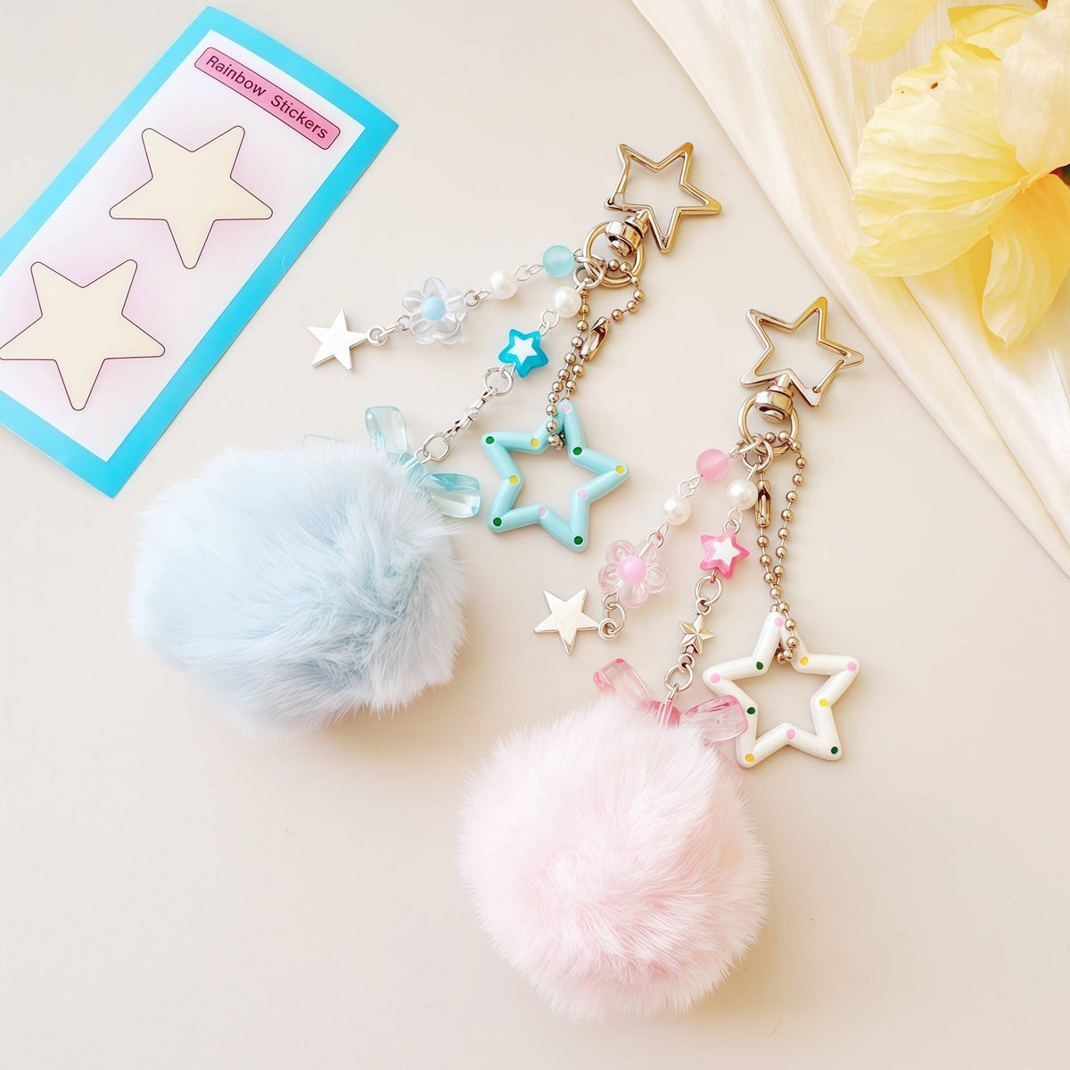 Fluffy Pom‑pom Star Beaded Keychain Bag Charm Pendant
