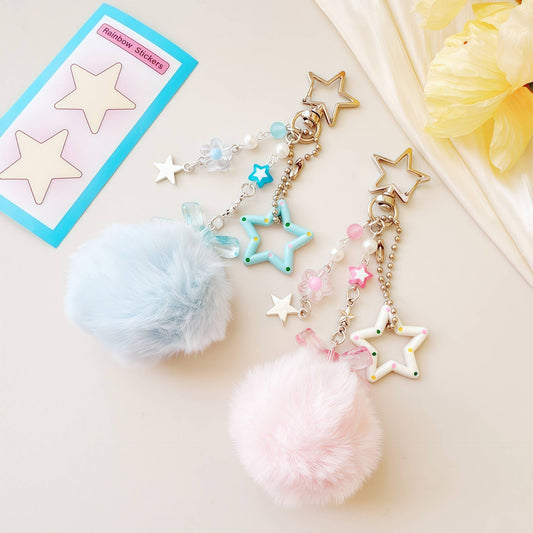 Fluffy Pom‑pom Star Beaded Keychain Bag Charm Pendant