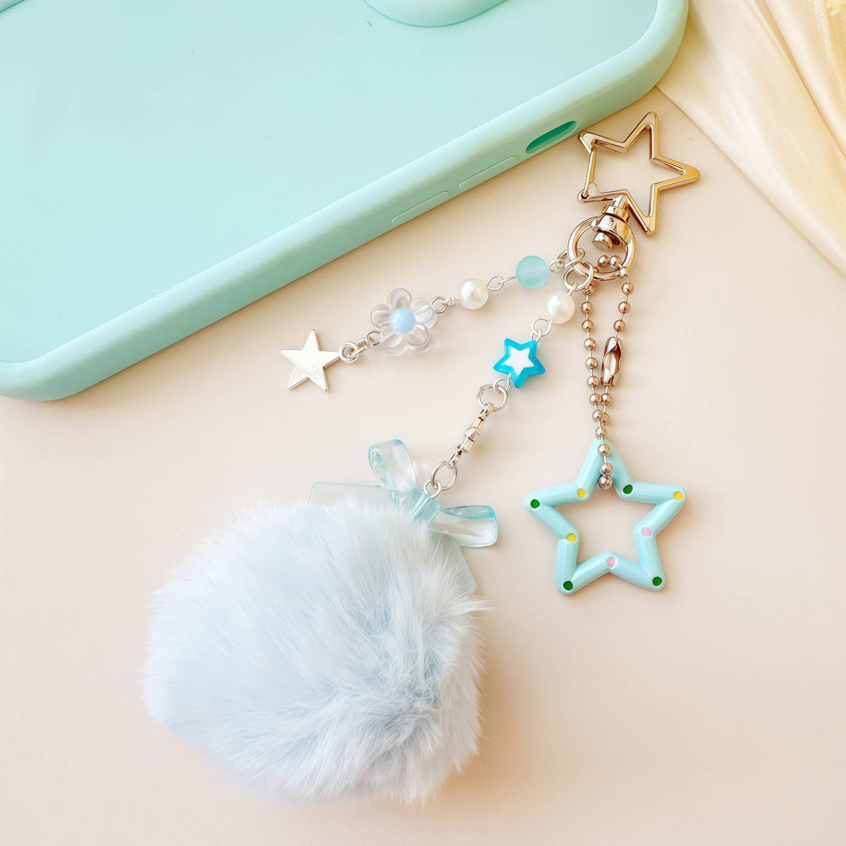 Fluffy Pom‑pom Star Beaded Keychain Bag Charm Pendant