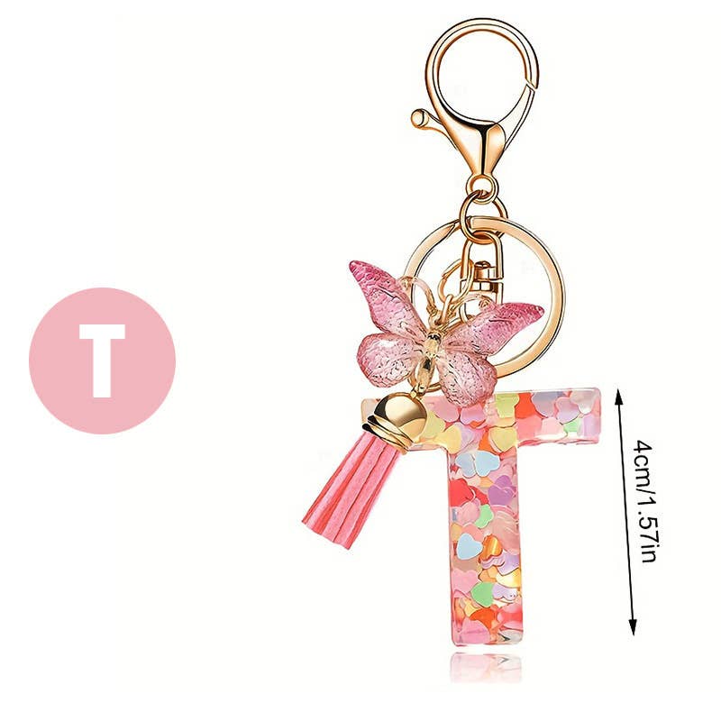 Letter Resin Keychain with Heart Sequins & Butterfly Charm