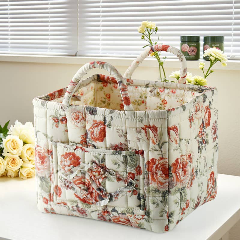 Vintage Floral Quilted Fabric Storage Basket with Handle