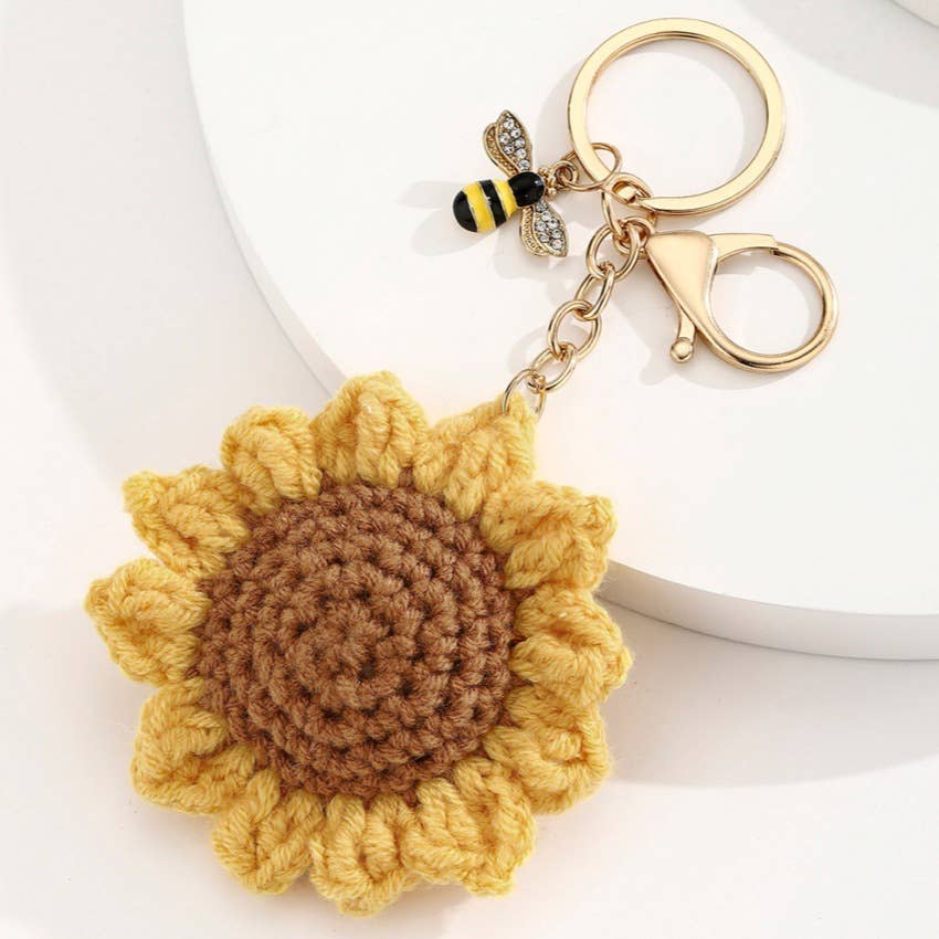 Crocheted Sunflower Little Bee Keychain