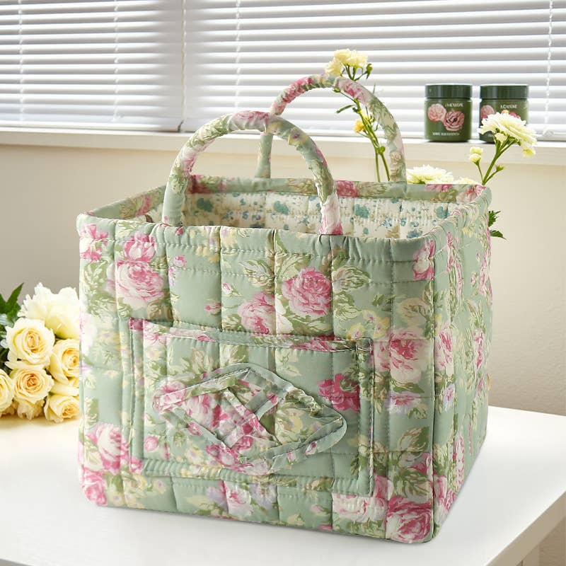 Vintage Floral Quilted Fabric Storage Basket with Handle