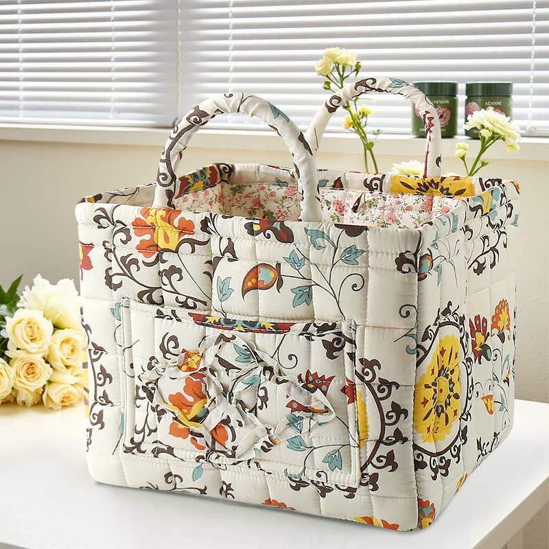 Floral Quilted Storage Basket Boho Fabric Organizer Tote